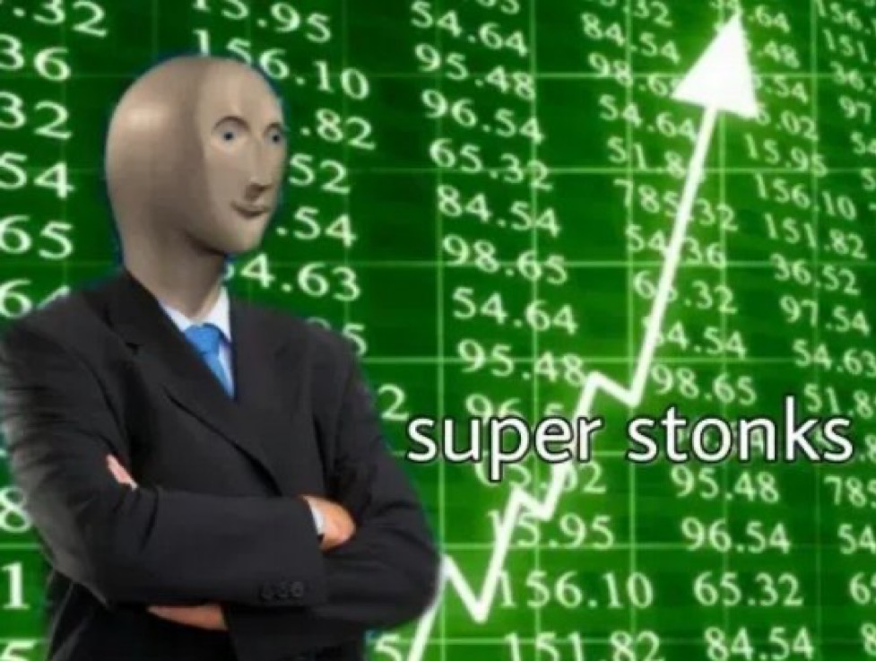 Super stonks meme character with rising market arrow